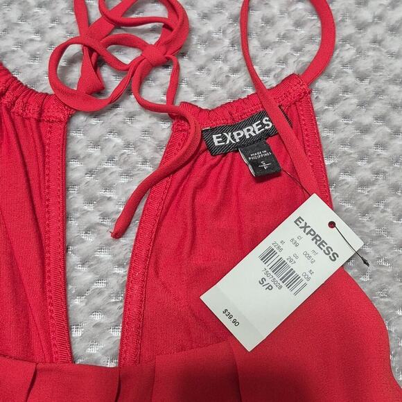 New Express Tank Halter Top Women Small Vibrant Red Pleated Neckline Sleeveless - Picture 6 of 6